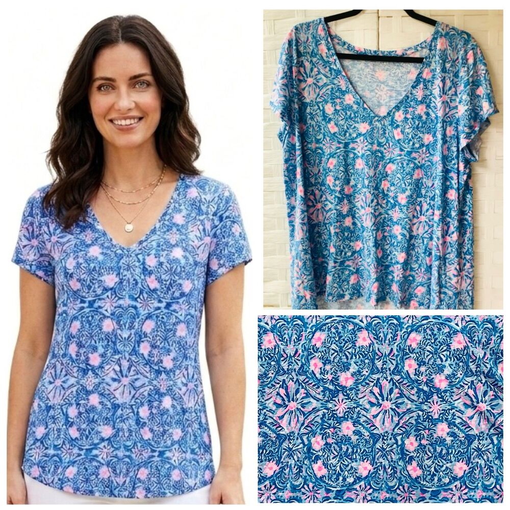 Lilly Pulitzer Blue Peri Takin It Easy Etta V-Neck Tee Top 2X XXL Rare